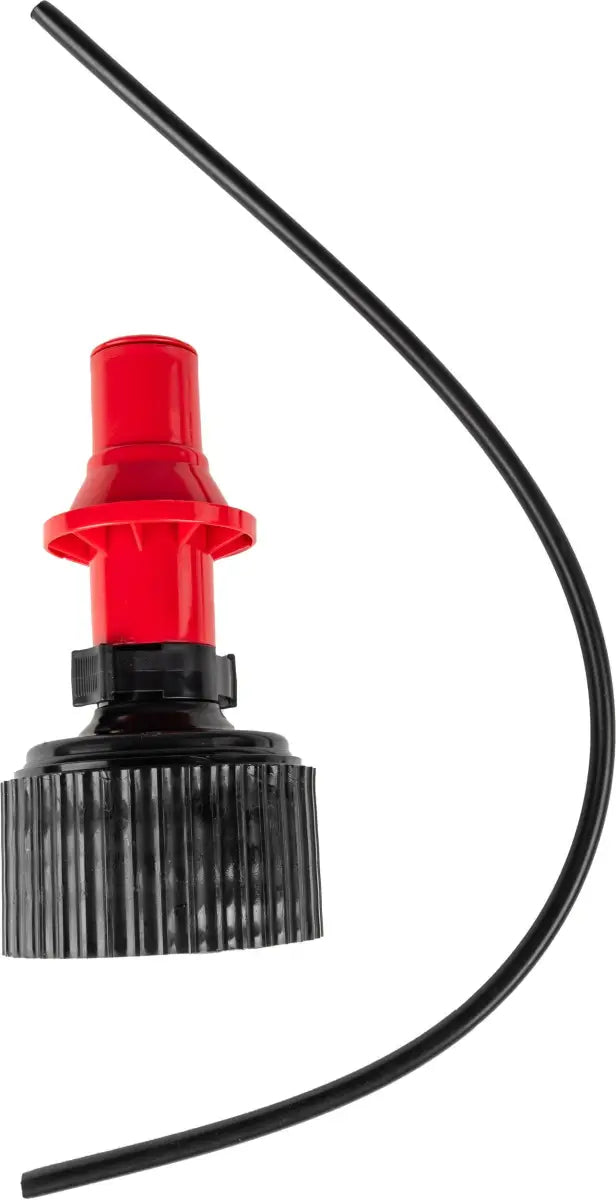 Red and black plastic water bottle cap with curved hose for powersports fuel systems
