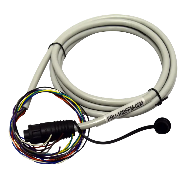 Coiled gray Furuno NMEA 0183 cable assembly GP33 with multi-colored wires and black connector