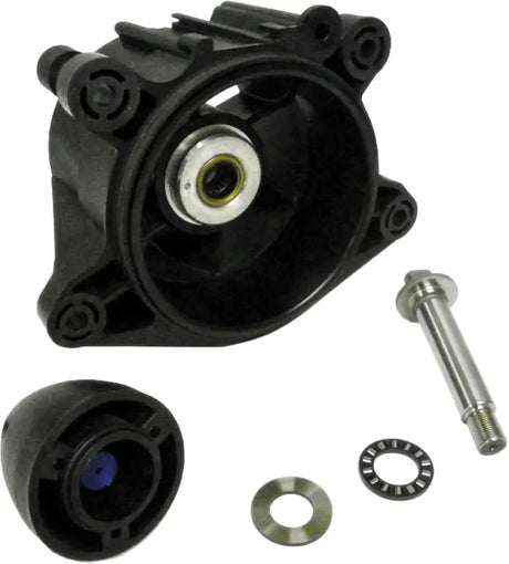 Black plastic jet pump assembly with internal parts and loose metal components