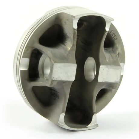 Underside of silver forged piston kit with structural supports for RV and truck parts