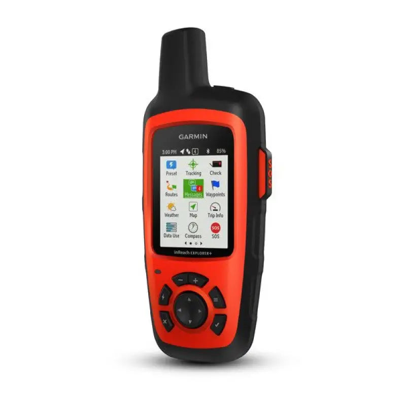 Rugged orange and black Garmin Inreach Explorer+ satellite communicator with screen and d-pad