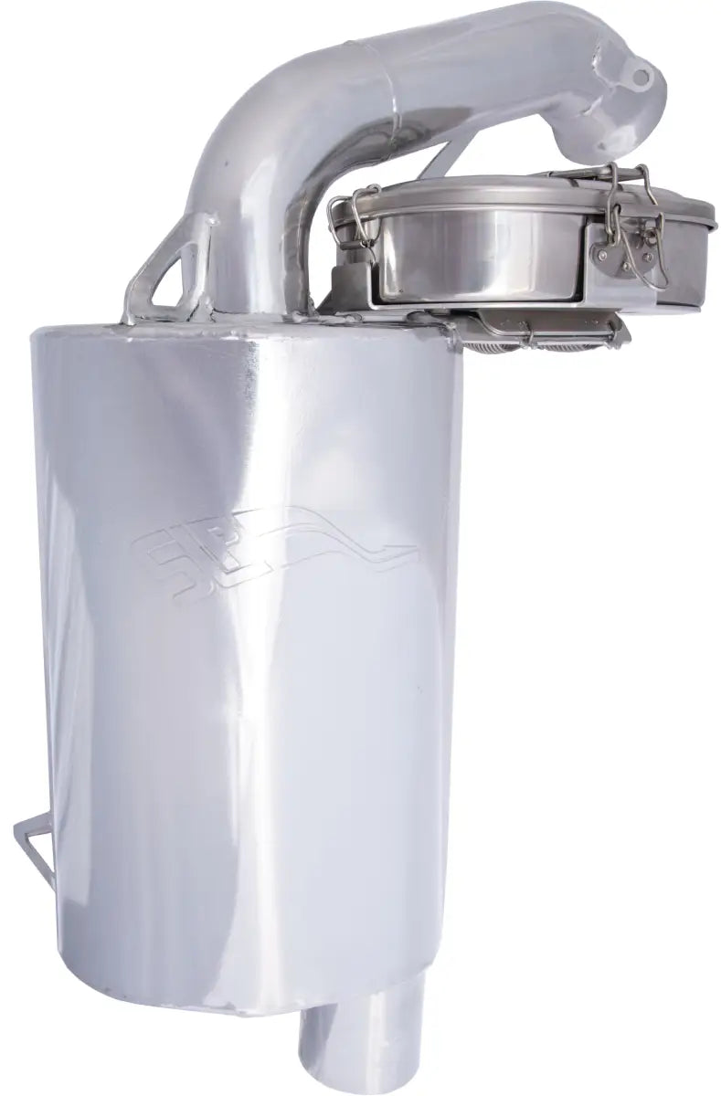 Shiny silver trail chef mount silencer with curved intake pipe and rectangular top