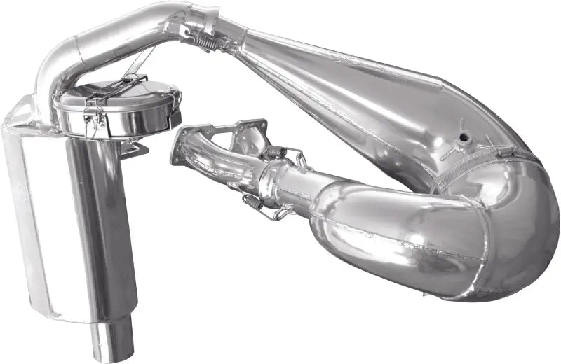 Shiny metallic single pipe exhaust system with Trail Chef mount for Trail Chef bikes