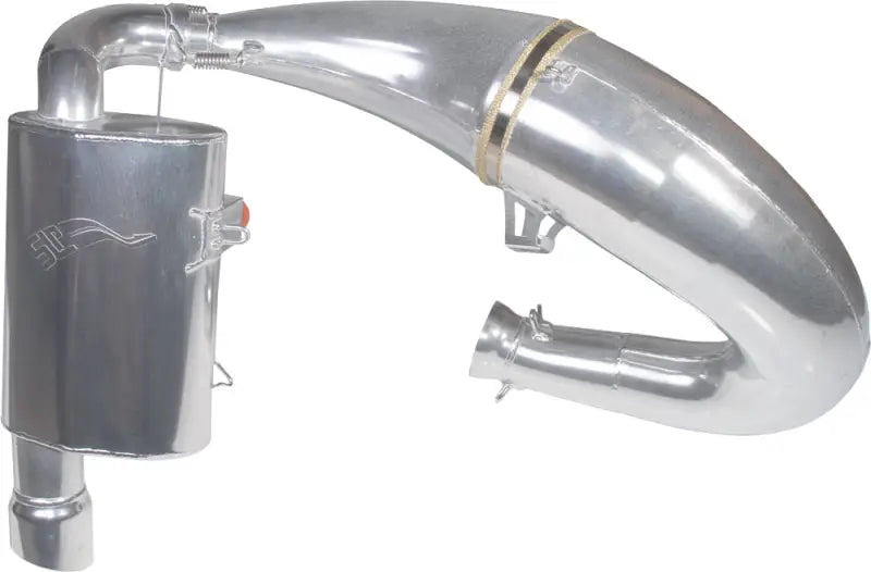 Silver-colored single pipe Pol 800 snowmobile exhaust system with muffler and tuned pipe