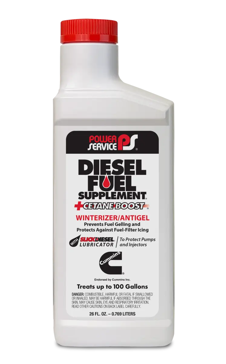 "1026 Powerservice Diesel Fuel Anti Gel product bottle with red cap, prevents fuel gelling in cold temperatures, ensuring diesel engine smooth operation"