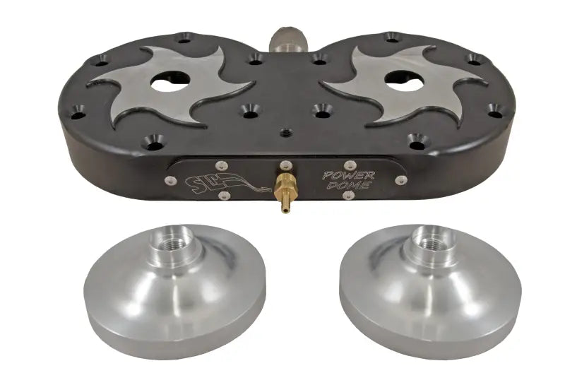 Black two-cylinder power dome billet head set with silver star inserts and dome components