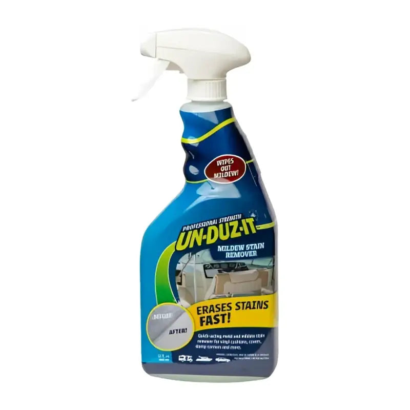Blue spray bottle of Unduzit Mildew Stain Remover for tough mildew stains