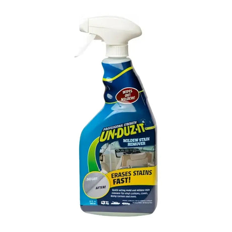 Blue spray bottle of Unduzit Mildew Stain Remover for tough mildew stains