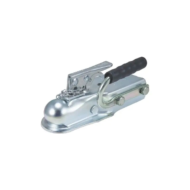 Galvanized trailer hitch with handle showing Dutton Coupler Grip for secure towing