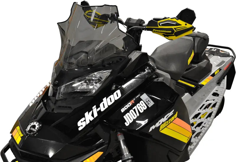 Black and yellow Ski-Doo snowmobile with dark windscreen for low smoke rv parts & accessories