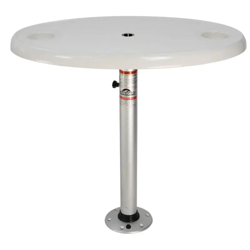 White round Springfield table package with silver pedestal 18x30 oval white design