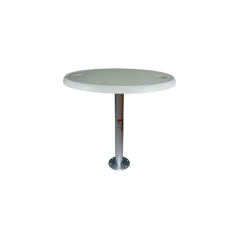 Round white Springfield table with a silver pedestal from the Springfield table package