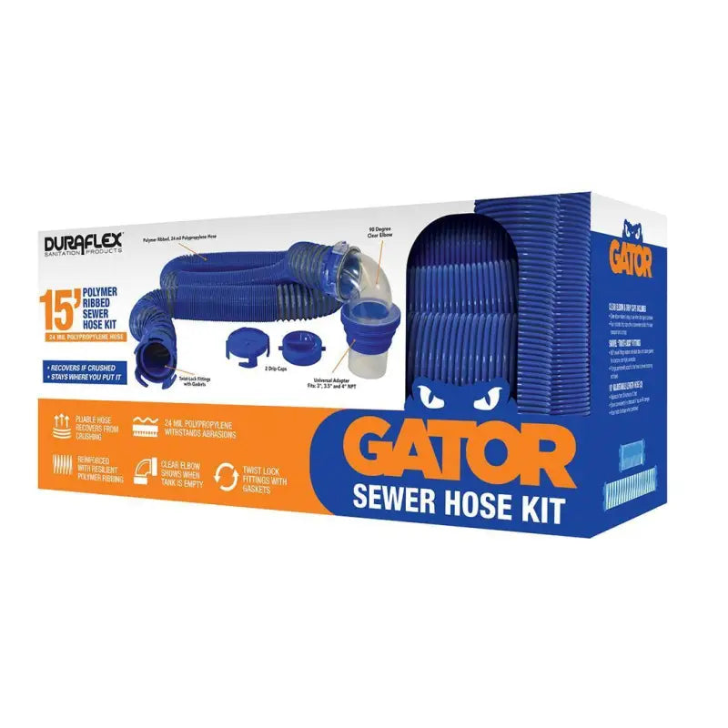 22005 Duraflex Sewer Hose Kit 15' Plastic Rib for RV waste disposal, durable and kink-resistant with a ribbed design, Gator-branded.