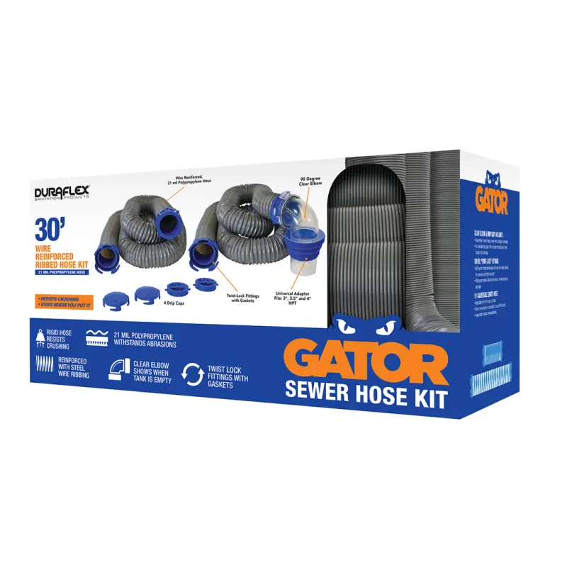 22007 Duraflex Sewer Hose Kit 30' Wire Rib, RV sanitation, durable, flexible, kink-resistant, leak-resistant, easy installation, 30-foot length, reliable performance, Gator brand.