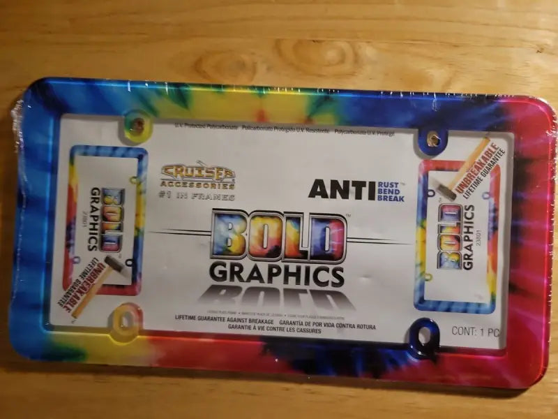 Tie dye license plate frame with cruiser bold graphics and bold graphics tie style