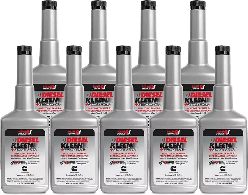 3012 Powerservice Diesel Kleen 12 Oz bottles displayed, enhancing fuel economy, boosting cetane for cold starts, preventing injector fouling, and cleaning the entire fuel system for optimal diesel engine performance.