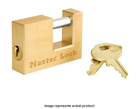 Brass-colored 37D Masterlock Coupler Lock with keys, secure your trailer now