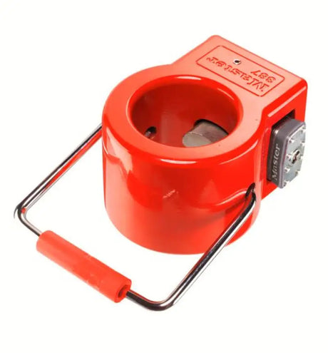 Red lockout device with handle for 388KA Masterlock Keyed Alike King Pin Lock