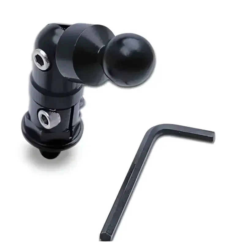 Black metal Techmount Fork Cap Mount with ball joint and L-shaped hex key for BMW