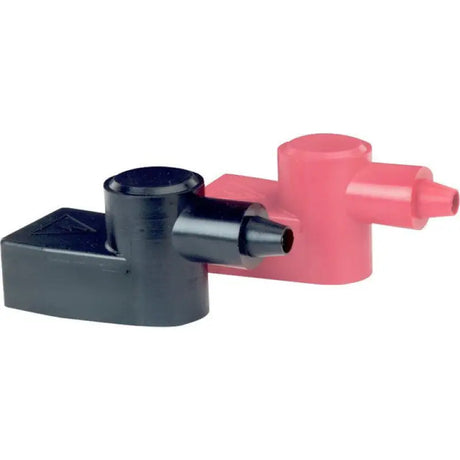 Black and red battery terminal covers with Blue Sea Cablecap for secure connections
