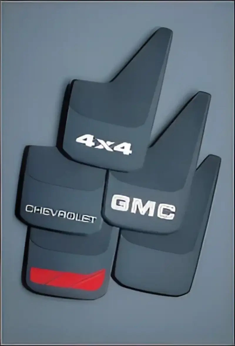 Black plain mud flaps including branded "4x4," "Chevrolet," "GMC," and a variant with red detailing, ideal for 4322 Hopkins Sg Prr C Blk Plain Ru safety.