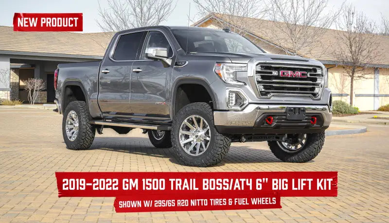 2019-2022 GM 1500 Trail Boss featuring the Readylift 6'' Big Lift Kit, enhancing the truck's off-road performance with a bold stance, shown with 295/65/R20 Nitto tires and Fuel wheels, Suspension, AVADA - Best Sellers, Must Haves