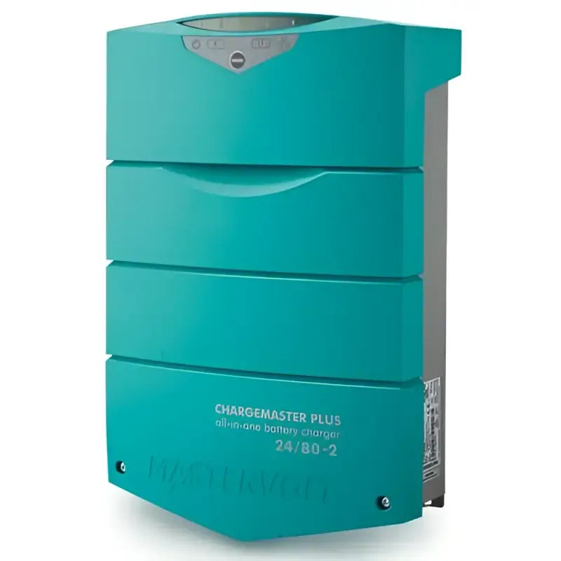 Mastervolt Chargemaster Plus 24/80 advanced battery charger in teal color with user-friendly interface and efficient charging technology.