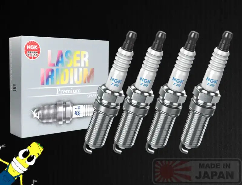 NGK Itr6F13 spark plugs displaying advanced ignition, fuel efficiency, and durability features, with premium packaging and "Made in Japan" label in background.