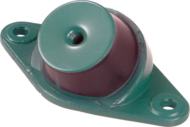 Green and maroon rubber motor mount with two holes for heavy duty watercraft applications