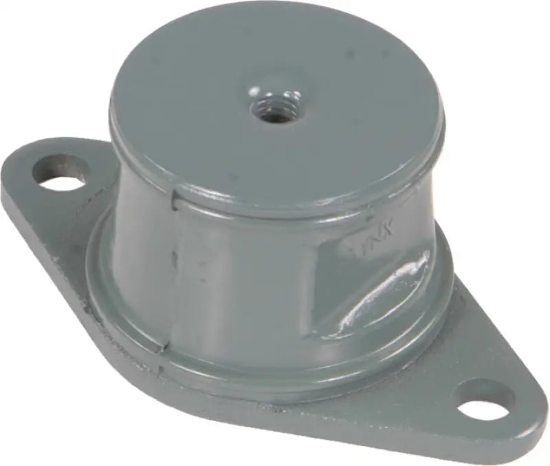 Gray rubber vibration isolator with flat base and threaded insert for motor mounts