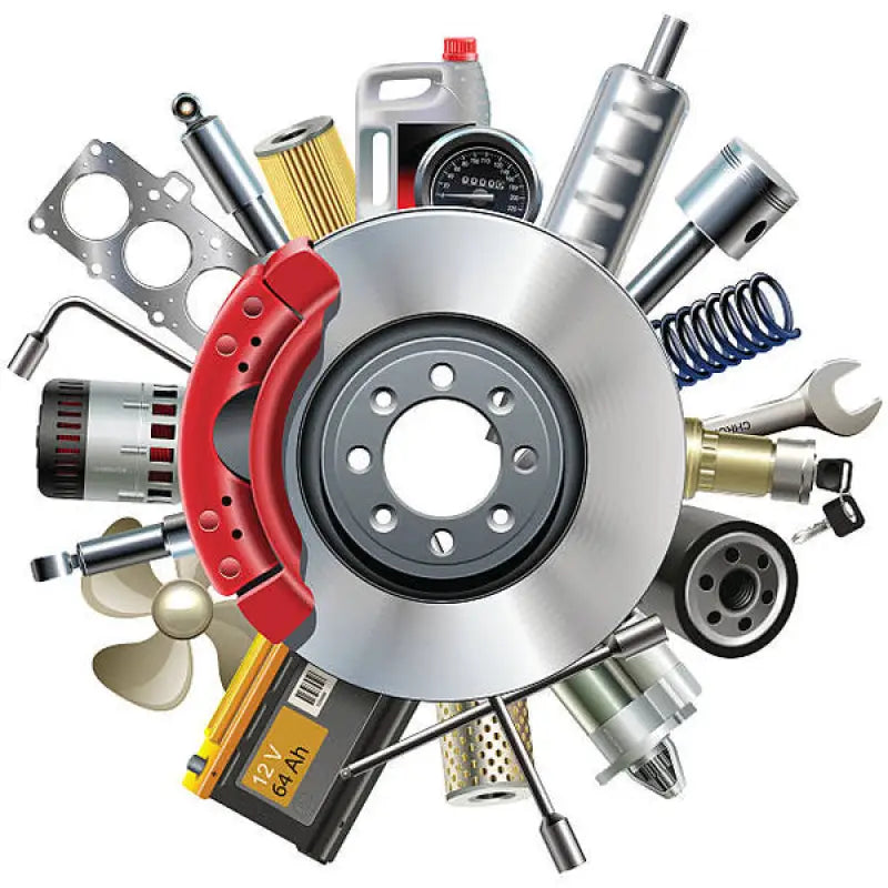 Diverse assortment of automotive parts arranged in a circular layout showcasing various elements for RV, automotive, powersports, off-road, marine, exterior, truck accessories, interior, truck bed, rv parts, Suspension, AVADA - Best Sellers, Must Haves