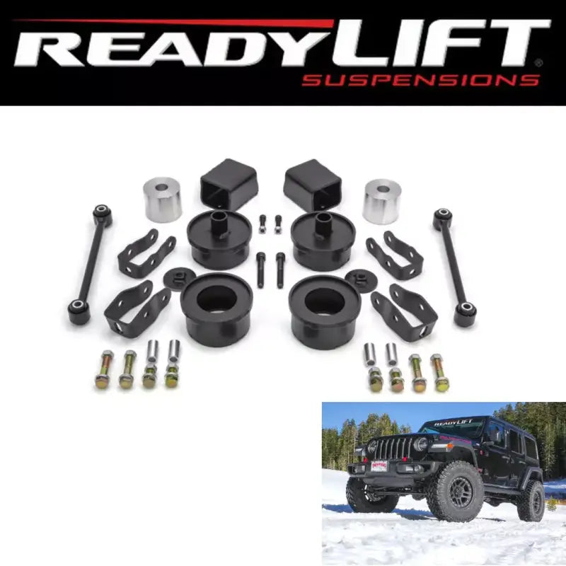 Readylift 69-6826 2.5' Lift Kit for Sahara models, showcasing various lift components and a black Jeep in snowy terrain. Ideal for off-road enthusiasts seeking enhanced ground clearance and on-road comfort. RV, Automotive, Powersports, off-road, marine, exterior, truck accessories, interior, truck bed, rv parts, Suspension, AVADA - Best Sellers, Must Haves.