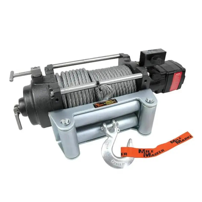 Heavy-duty Milemarker Hyd 12000lb winch with steel cable and roller fairlead for tough jobs