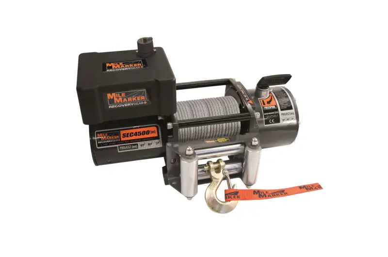 Electric milemarker trailer winch with hook and strap for trailer winching tasks