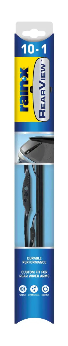 Rain-X Rearview Rear Wiper Blade 850019 package with durable performance features for all weather conditions.