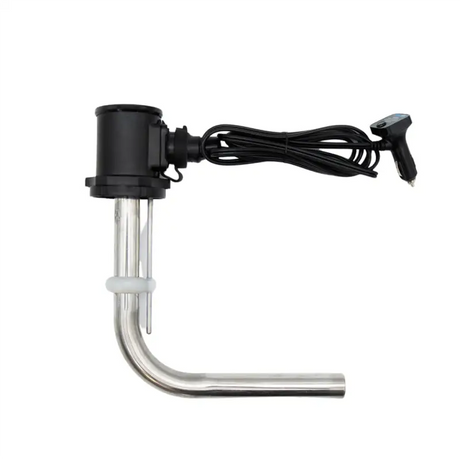 Black-topped Rinsekit Pro immersion heater with metal tubes and car adapter for portable heating