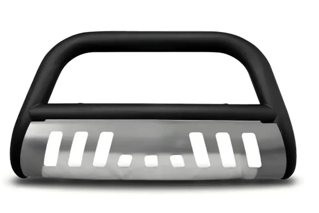 Black tubular Chevy Silverado armordillo bumper with polished skid plate for tough protection