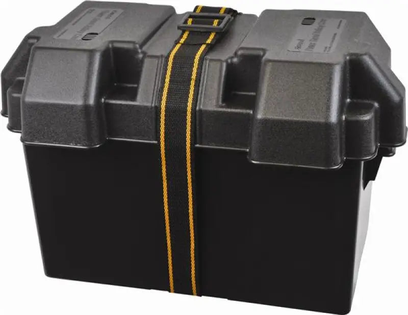Attwood 9067-1 Marine 27/27M Battery Box, black with hinged lid, latch, and striped strap.