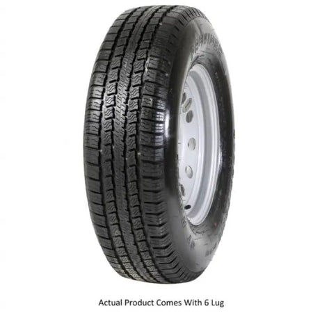 Mounted black tire on rim showcasing Taskmaster ST225 75R15 10 Ply for your vehicle
