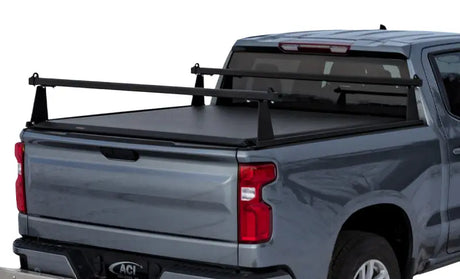 Dark gray pickup with black tonneau cover and ladder rack for Chevy GMC 6ft 8in box