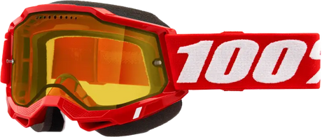 Red motocross goggles with yellow lens, perfect for snowmobile goggle gear in neon red