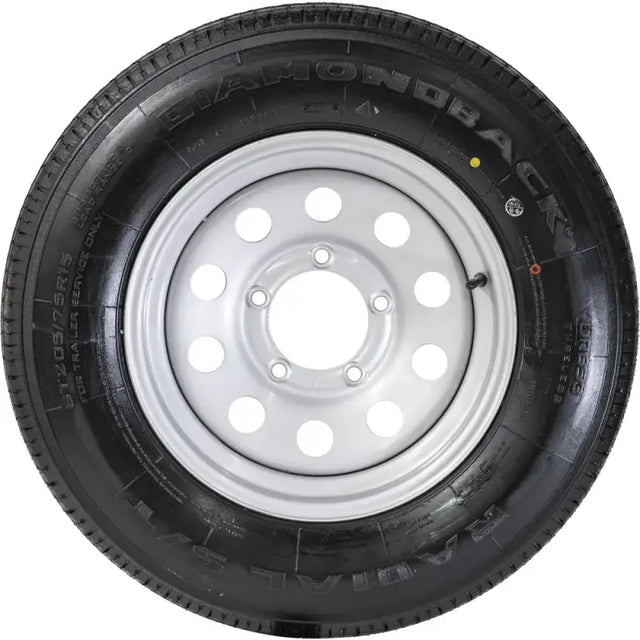Trailer tire with silver rim for adb15r555smdm taskmaster st205 75r15 fitment