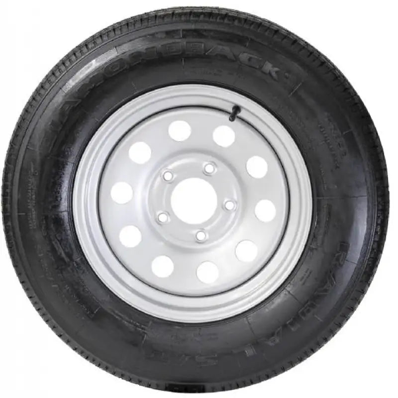 Trailer tire with silver rim for adb15r5smdm taskmaster st205 on 15 inch wheel