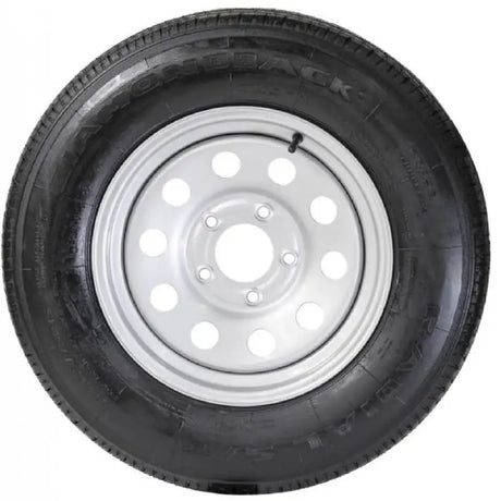 Trailer tire with silver rim for adb15r5smdm taskmaster st205 on 15 inch wheel