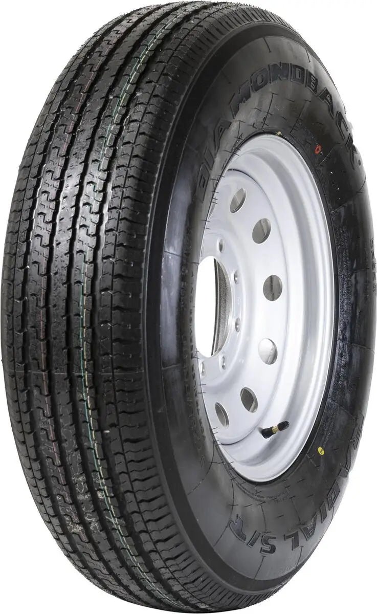 ADB16R8SMM Taskmaster St235/80R16 10 Ply Diamondback tire on white rim, designed for heavy-duty trailers with superior strength, enhanced traction, and long-lasting durability.