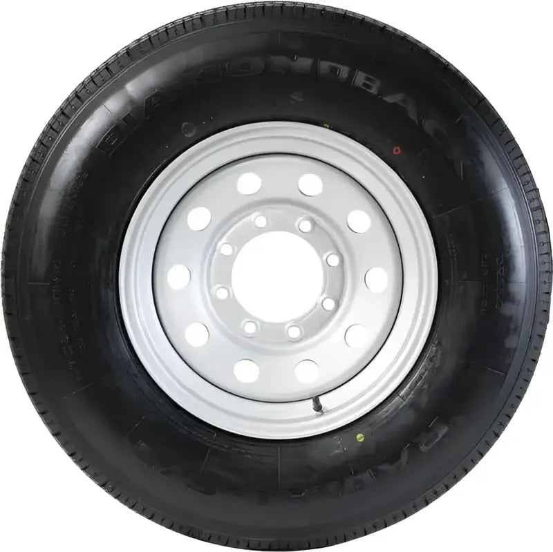 ADB16R8SMM Taskmaster St235/80R16 10 Ply Diamondback tire with white rim, designed for heavy-duty trailer durability and stability.