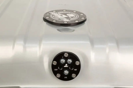 Silver fuel tank with black caps from Aeromotive Stealth Gen 2 for easy fuel delivery