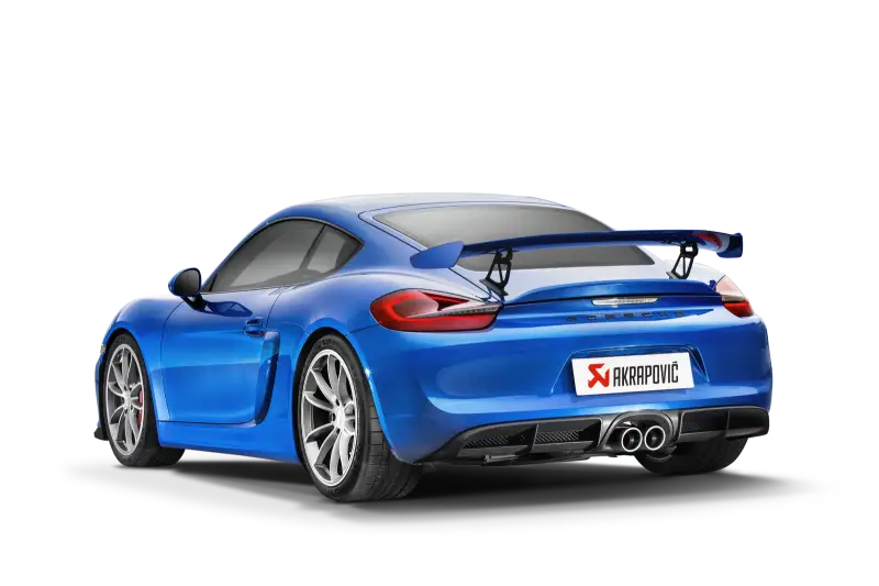 Blue sports car Porsche Boxster Spyder with Akrapovic titanium exhaust system