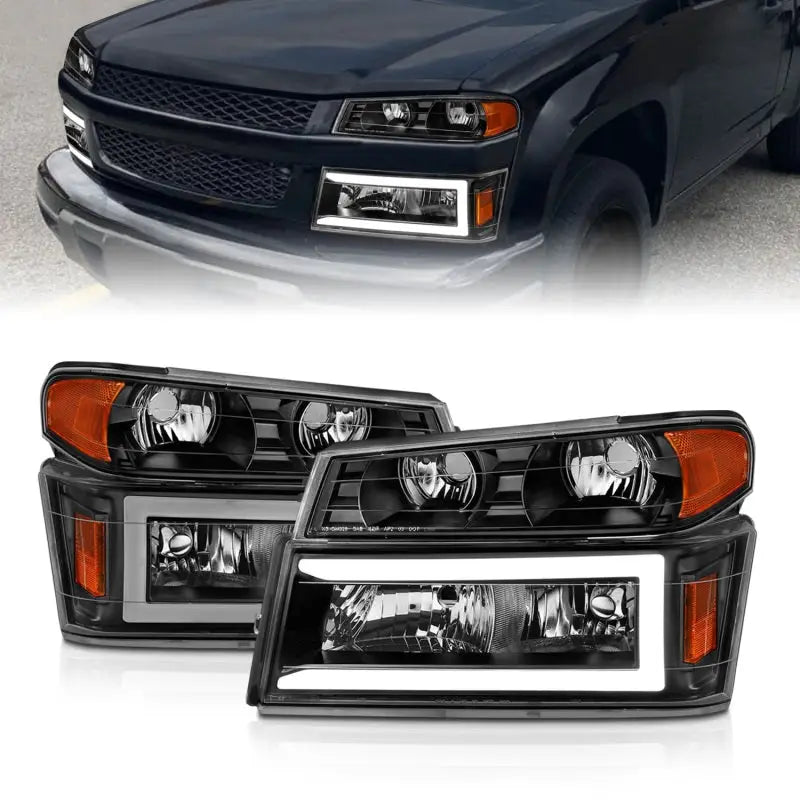 ANZO 04-12 GM Colorado/Canyon/I-Series Crystal Headlights - w/ Light Bar Black Housing 4pcs - Truck & Automotive