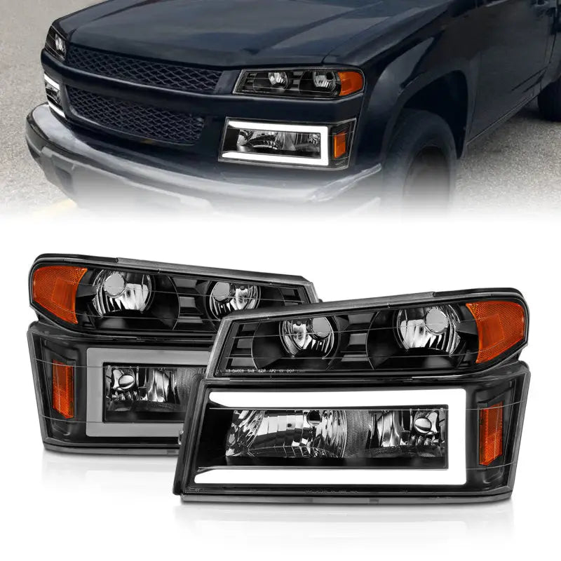 ANZO 04-12 GM Colorado/Canyon/I-Series Crystal Headlights - w/ Light Bar Black Housing 4pcs - Truck & Automotive